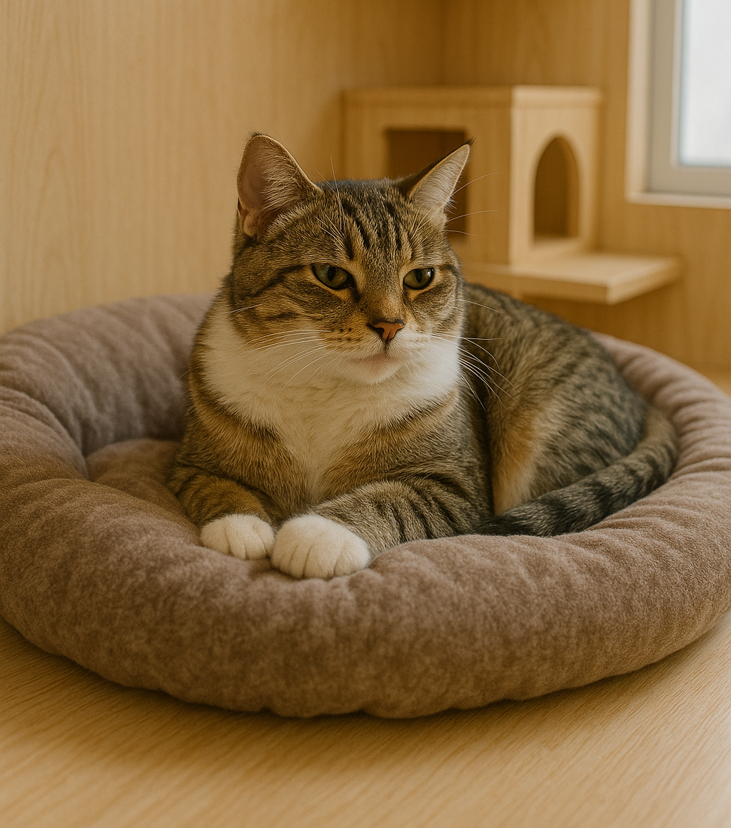 แมวนอนบนเบาะผ้านุ่มในห้องพักโรงแรมแมว วิมานแมว นนทบุรี