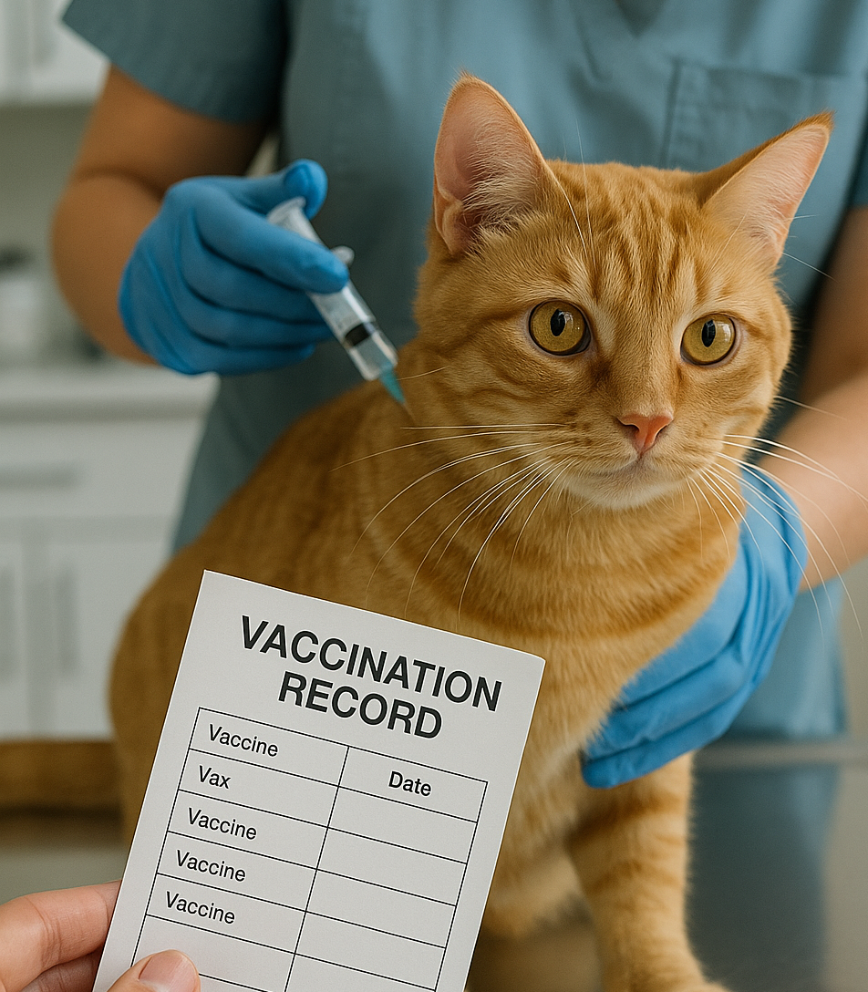 สัตวแพทย์กำลังฉีดวัคซีนให้แมว พร้อมสมุดบันทึกวัคซีน ก่อนเข้าพักโรงแรมแมว
