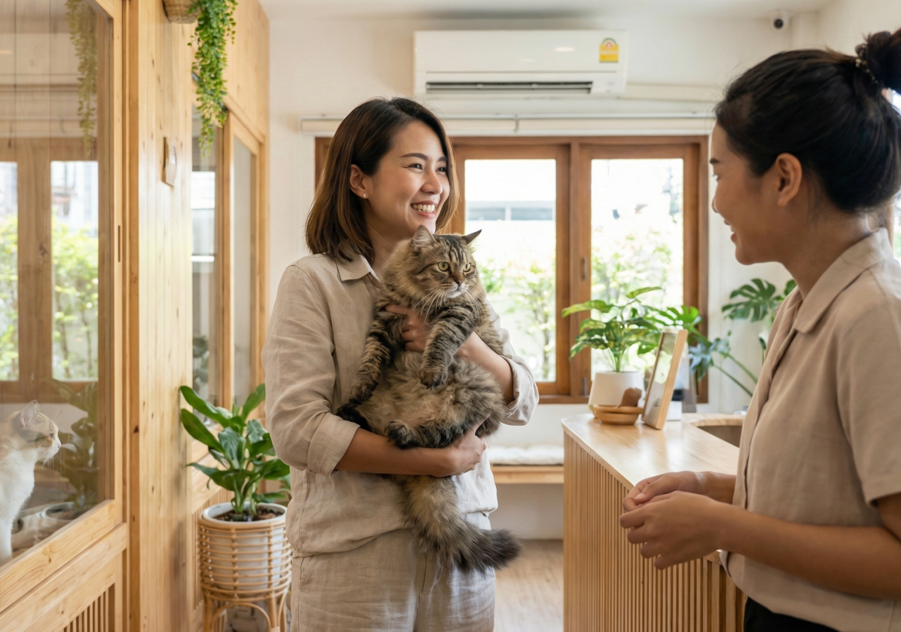 ฝากแมวช่วงเทศกาล เลือกโรงแรมแมวอย่างไร ผู้หญิงกำลังเลือกโรงแรมแมวบนแท็บเล็ต