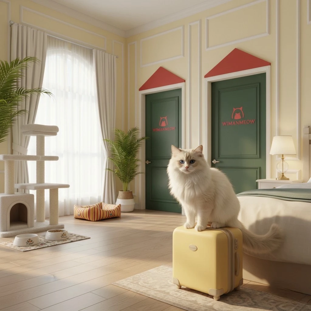 “แมวเตรียมตัวฝากแมวครั้งแรก นั่งบนกระเป๋าเดินทางในโรงแรมแมว วิมานแมว บางบัวทอง”