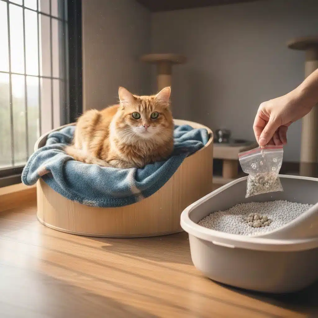 Cat in bed near litter box