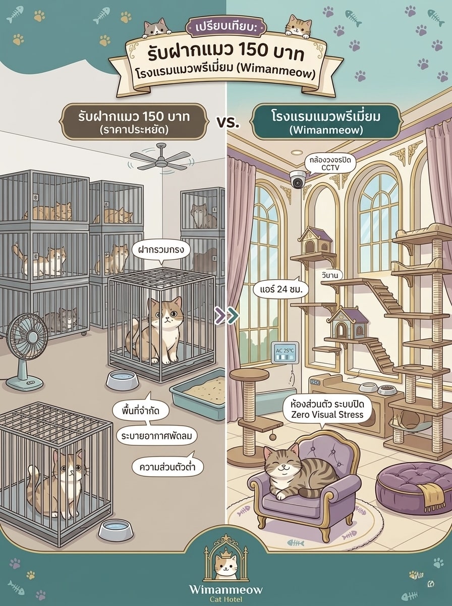 เปรียบเทียบมาตรฐานระหว่าง รับฝากแมว 150 บาท กับโรงแรมแมวพรีเมียม วิมานเมี๊ยว (Wimanmeow)