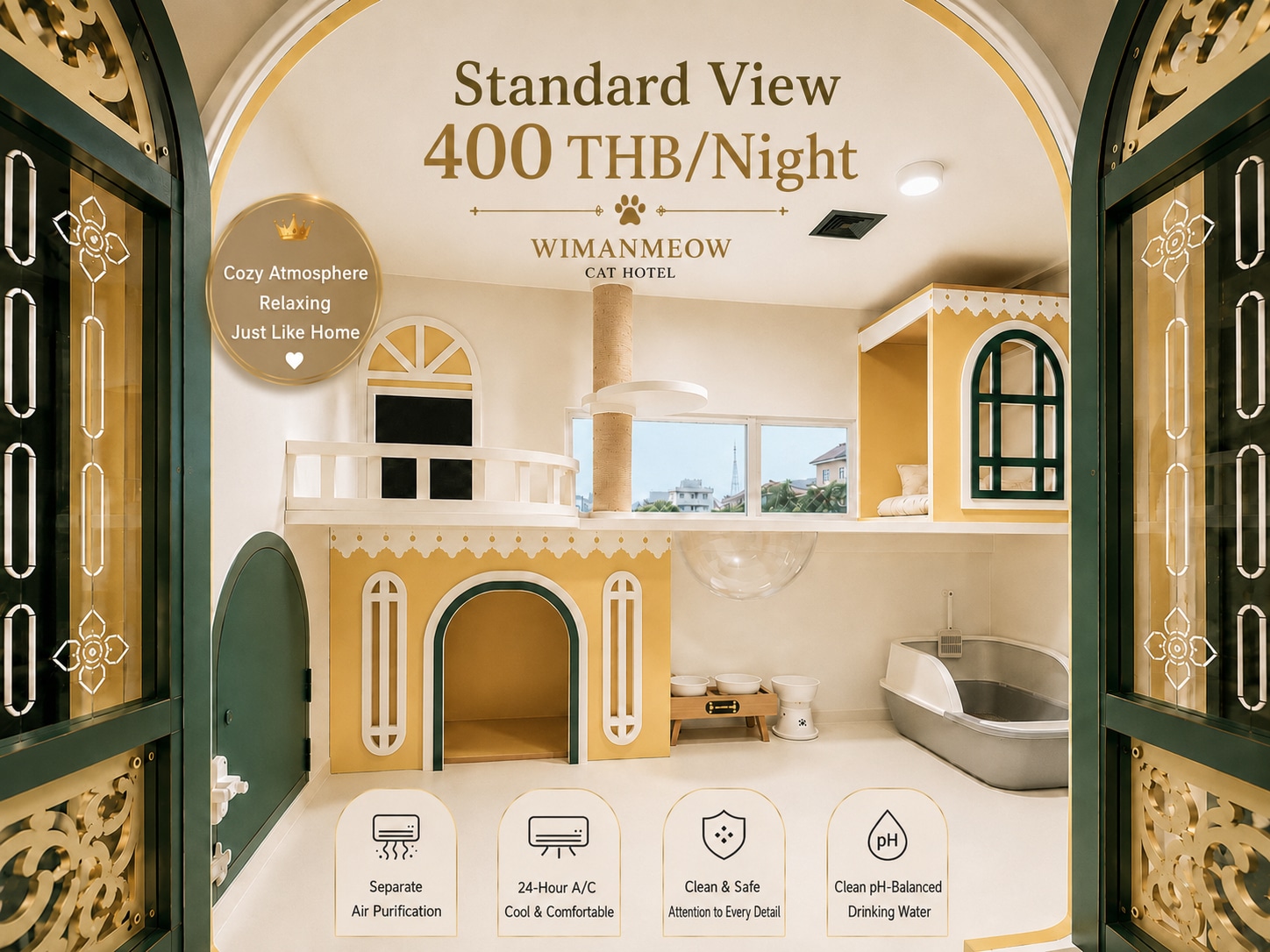 Best long term cat boarding Bangkok Luxury cat suite with 24/7 private CCTV camera access.