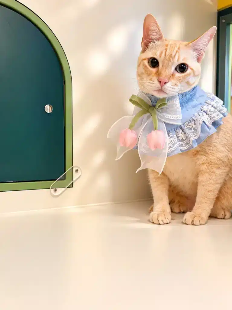แมวสีส้มสวมผ้าคลุมสีฟ้าแต่งดอกไม้สีชมพูในห้องพัก Wimanmeow Cat Hotel